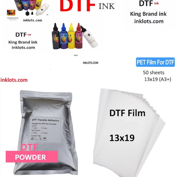 DTF combo  5 bottles of dtf ink ,2.20 lb. Powder white or black,50 sheets PET Film for dtf printing