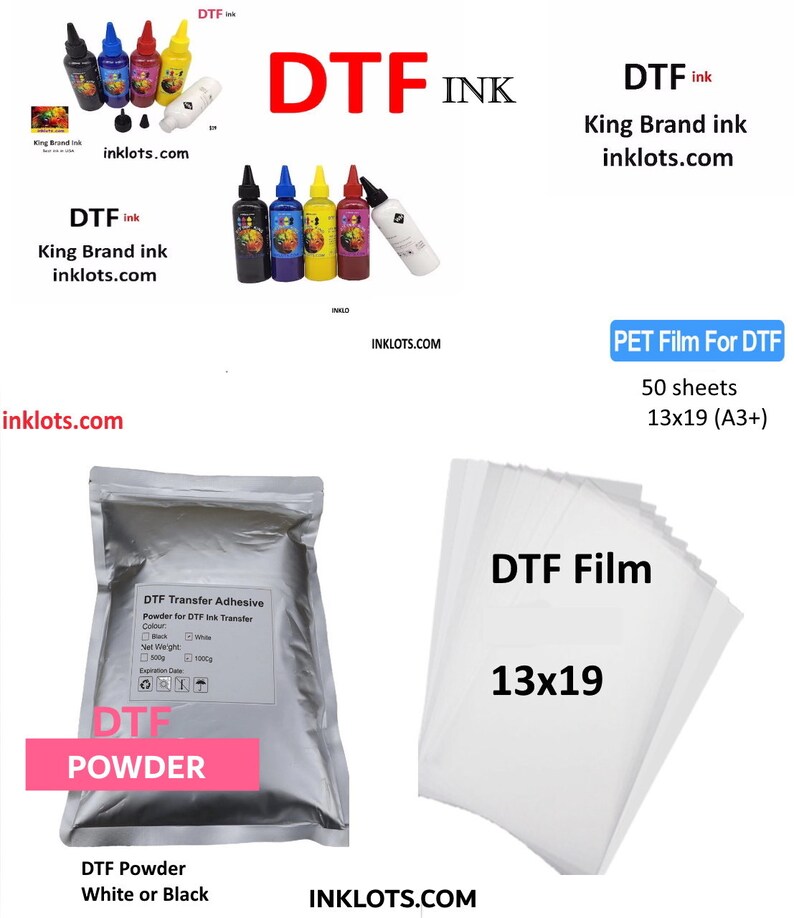 Pode incluir: Um conjunto de suprimentos de impress&atilde;o DTF que inclui garrafas de tinta em ciano, magenta, amarelo e preto, um saco de p&oacute; DTF branco e uma pilha de folhas de filme DTF transparentes. As garrafas de tinta s&atilde;o etiquetadas com "King Brand ink" e "inklots.com". O saco de p&oacute; &eacute; etiquetado com "DTF Transfer Adhesive Powder for DTF Ink Transfer" e "DTF Powder". As folhas de filme s&atilde;o etiquetadas com "DTF Film" e "13x19".