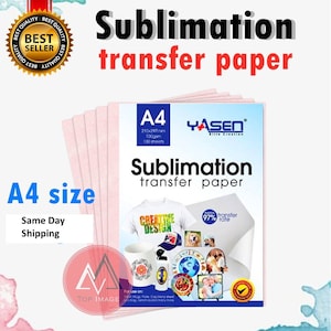 May include: A pack of 100 sheets of A4 sublimation transfer paper in pink. The paper is for use on mugs, plates, caps, t-shirts, and more. The paper is 100gsm and has a 97% transfer rate.