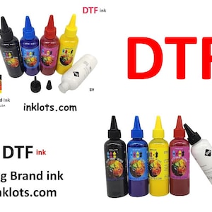 May include: A set of six bottles of DTF ink for use with a printer. The bottles are labeled with the brand name "King Brand Ink" and the website "inklots.com". The ink colors are black, cyan, magenta, yellow, and white.