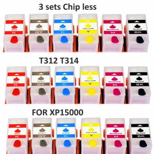 Pode incluir: Um conjunto de cartuchos de tinta sem chip para a impressora XP15000. Os cartuchos são rotulados com as cores vermelho, cinza, ciano, amarelo, magenta e preto. O texto "T312 T314" também é visível.