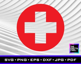 May include: A red circle with a white plus sign in the center. The plus sign is a common symbol for medical services.