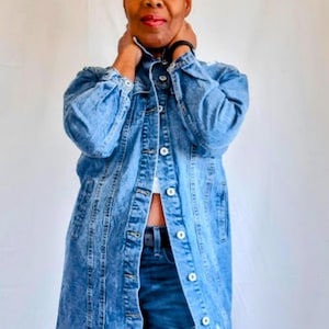 Women&#39;s Long Distressed Cotton Denim Jacket | Custom Made Boho Jean Coat | Frayed Hem Street Style | Light/Medium/Dark Wash | S-XL