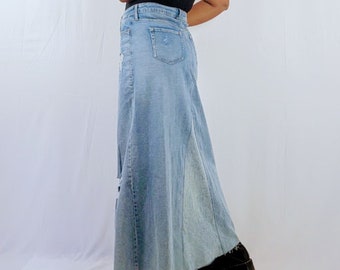Handmade Distressed Denim Maxi Skirt, Light Wash Jean Skirt, Frayed Hem