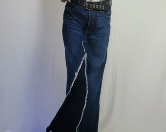Trendy Street Style Dark Wash Denim Skirt, Distressed Frayed A-Line Denim Maxi Skirt, Plus Size Redesigned Pieced Denim Skirt, Sizes 4-24