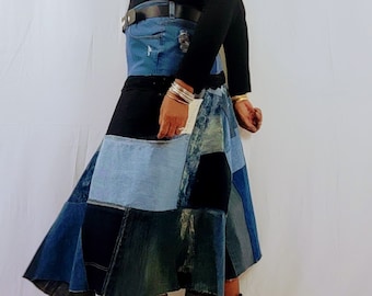 Asymmetrical Denim Skirt, Redesigned Patchwork Distressed Denim Swing Skirt, Frayed Denim Maxi Skirt, Skater And Circle Pieced Denim Skirt