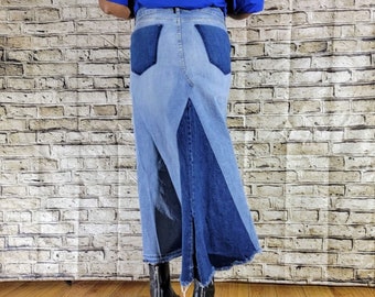 Two Toned Jean Skirt, Swing Back Denim Long Skirt, Redesigned High Waisted Stretch Denim Skirt, Upcycled Skirt, Sizes 4 To 24 NBB48