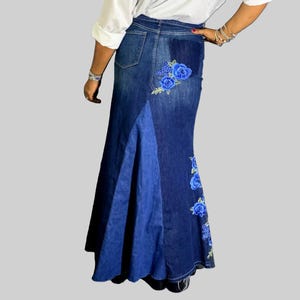 Boho Patchwork Stretch Denim Maxi Skirt, Mermaid Fit Reworked Jean Skirt with Floral Appliqué, Frayed Hem, Hippie Bohemian Style, Sizes 4-24