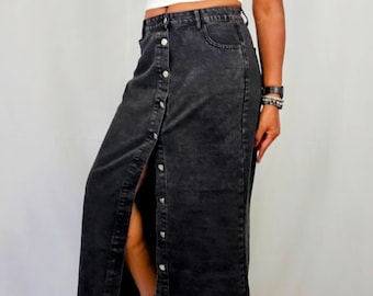 Falda vaquera larga con botones negros en la parte delantera, de algodón, holgada y ajustada, con aberturas para mujer, de cintura alta, estilo informal.