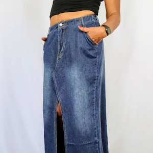 Split Denim Maxi Skirt, Chic Boho Long Denim Skirt for Women, Comfortable & Trendy Dark Wash Jean Skirt with Front Slit, Casual Street Style