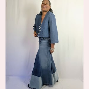 Denim Maxi Skirt Remade Pieced Patchwork Denim Maxi Swing Skirt Fit and Flare Color Block Long Jean Skirt Plus Size Boho Denim Maxi Skirt Etsy