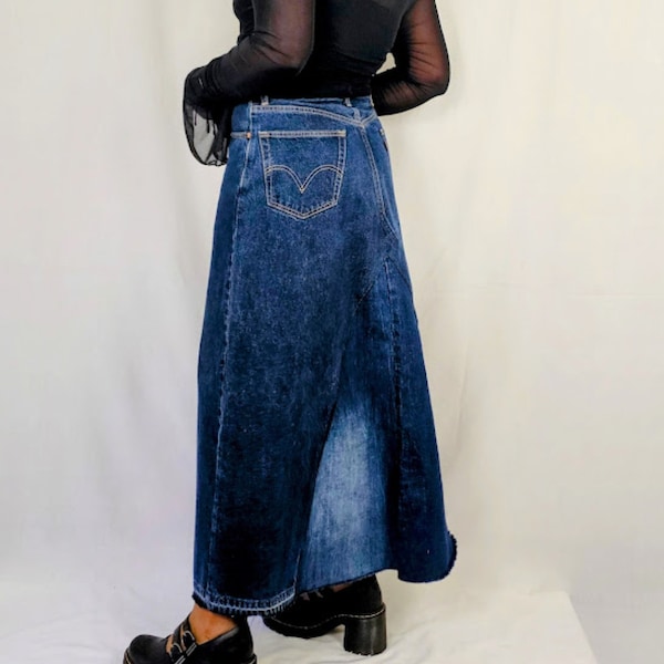 Classic Vintage Levi's 505 Upcycled Denim Maxi Skirt,  Patchwork Aline  Denim Skirt, Dark Wash Cotton Jean Skirt, Boho Streetwear, Size 12
