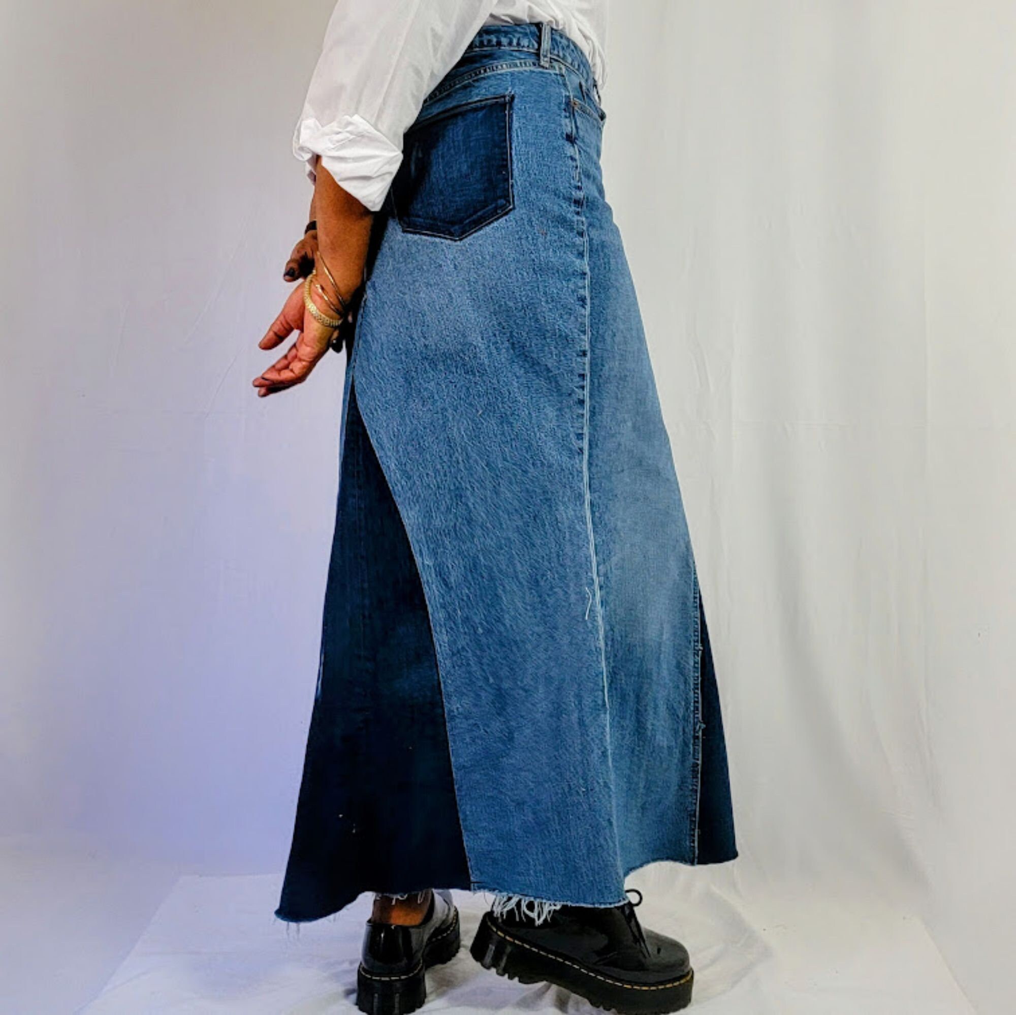 Women's Two Toned Vintage Wash A-line Patchwork Denim Maxi