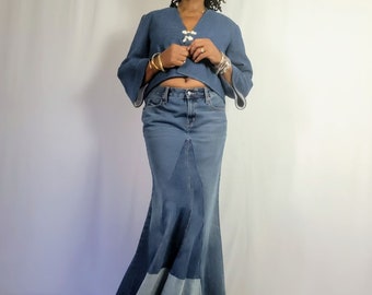 Vintage Patchwork Denim Long Skirt For Women - Retro A-Line Swing Skirt Streetwear