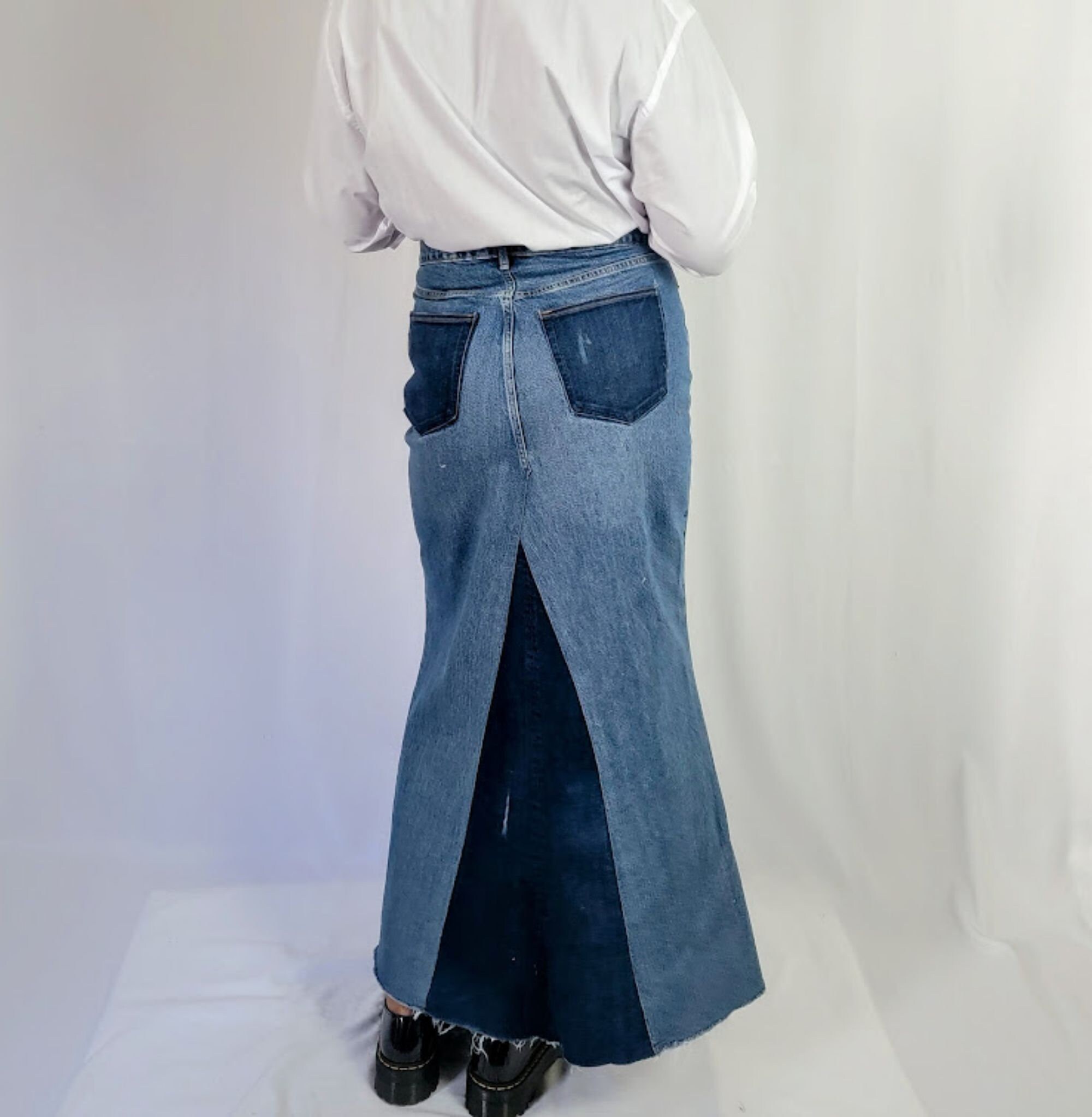 Women's Two Toned Vintage Wash A-line Patchwork Denim Maxi Skirt