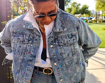 Plus Size Rhinestone Embellished Denim Jacket, Cropped Oversize Jean Jacket, Distressed Acid Wash Bling Jacket, One Size-Bust 52 Inches