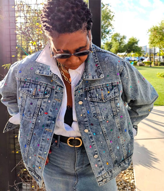 Plus Size Rhinestone Embellished Denim Jacket, Cropped