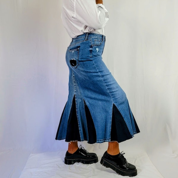 Women's Long Jean Fish Tail Skirt, High Waisted Medium Washed Peplum Denim Maxi Skirt, All Sizes Available