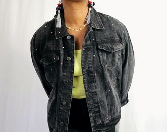 Vintage Denim Jacket With Guitar Design, Oversized Jean