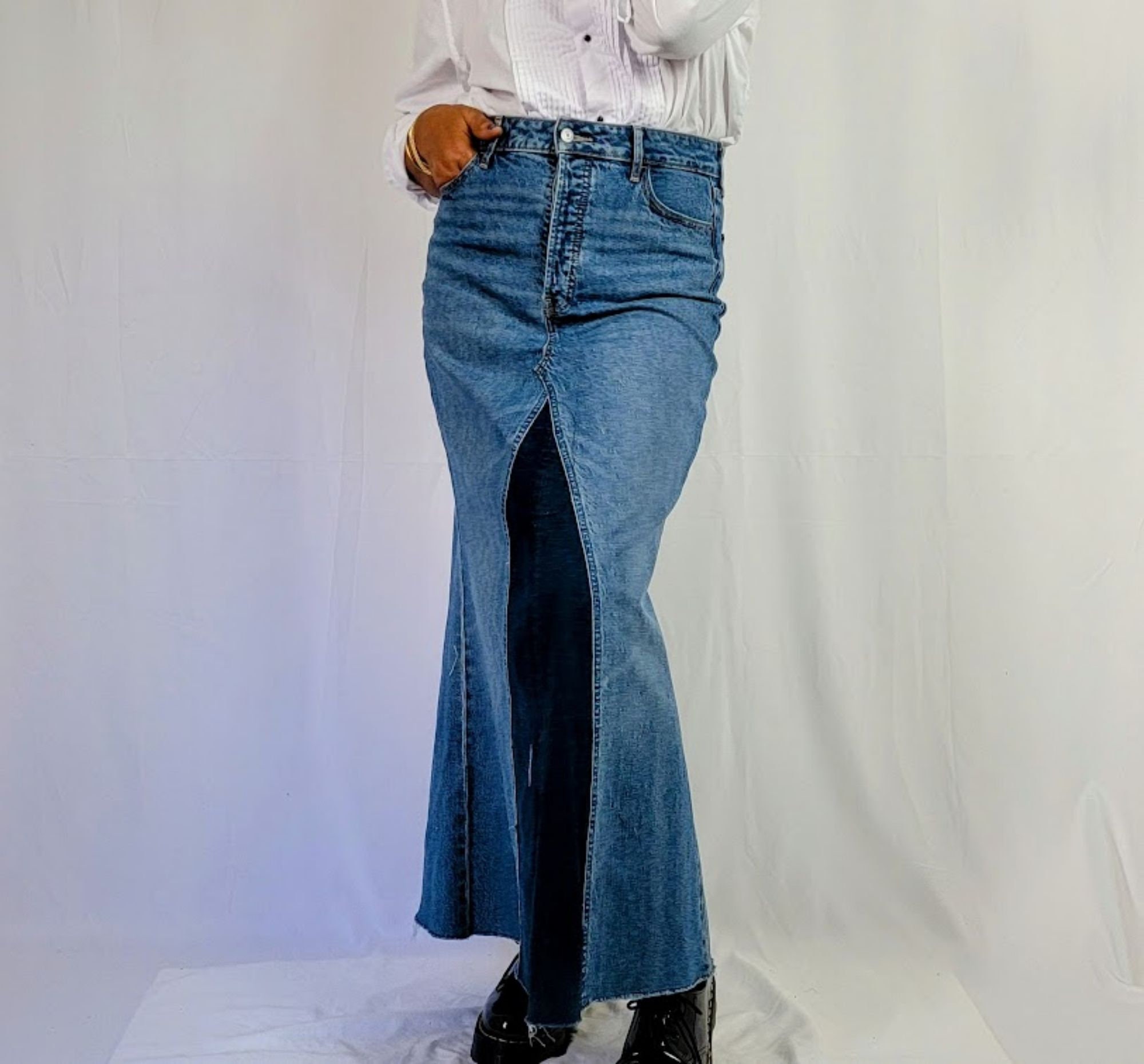 半額ストア Vintage Toned Two Women's Wash Maxi Denim Patchwork A-line スカート