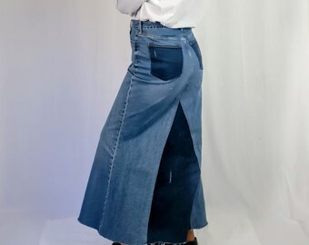 Women's Two Toned Vintage Wash A-line Patchwork Denim Maxi Skirt