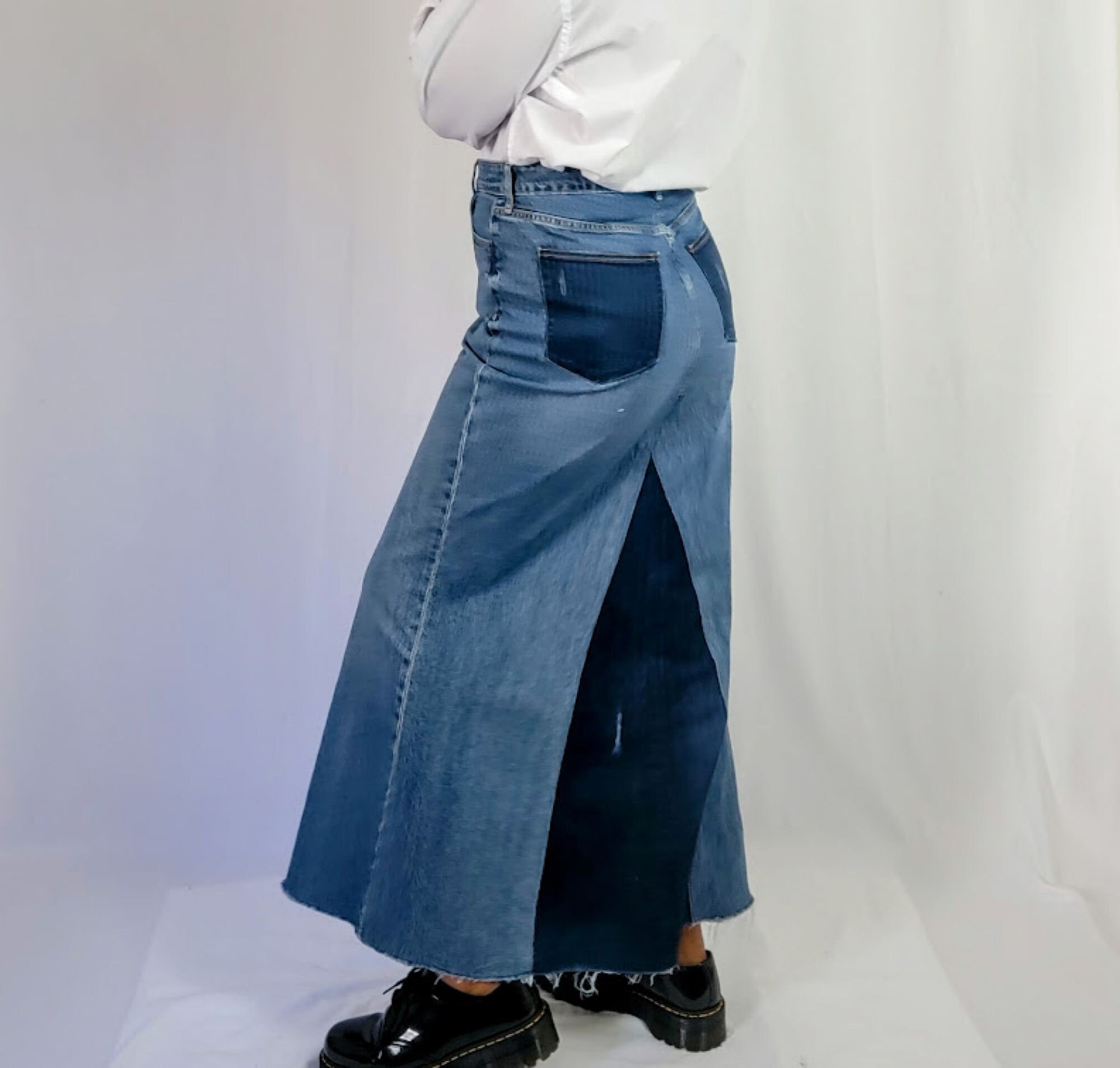 Women's Two Toned Vintage Wash A-line Patchwork Denim Maxi Skirt