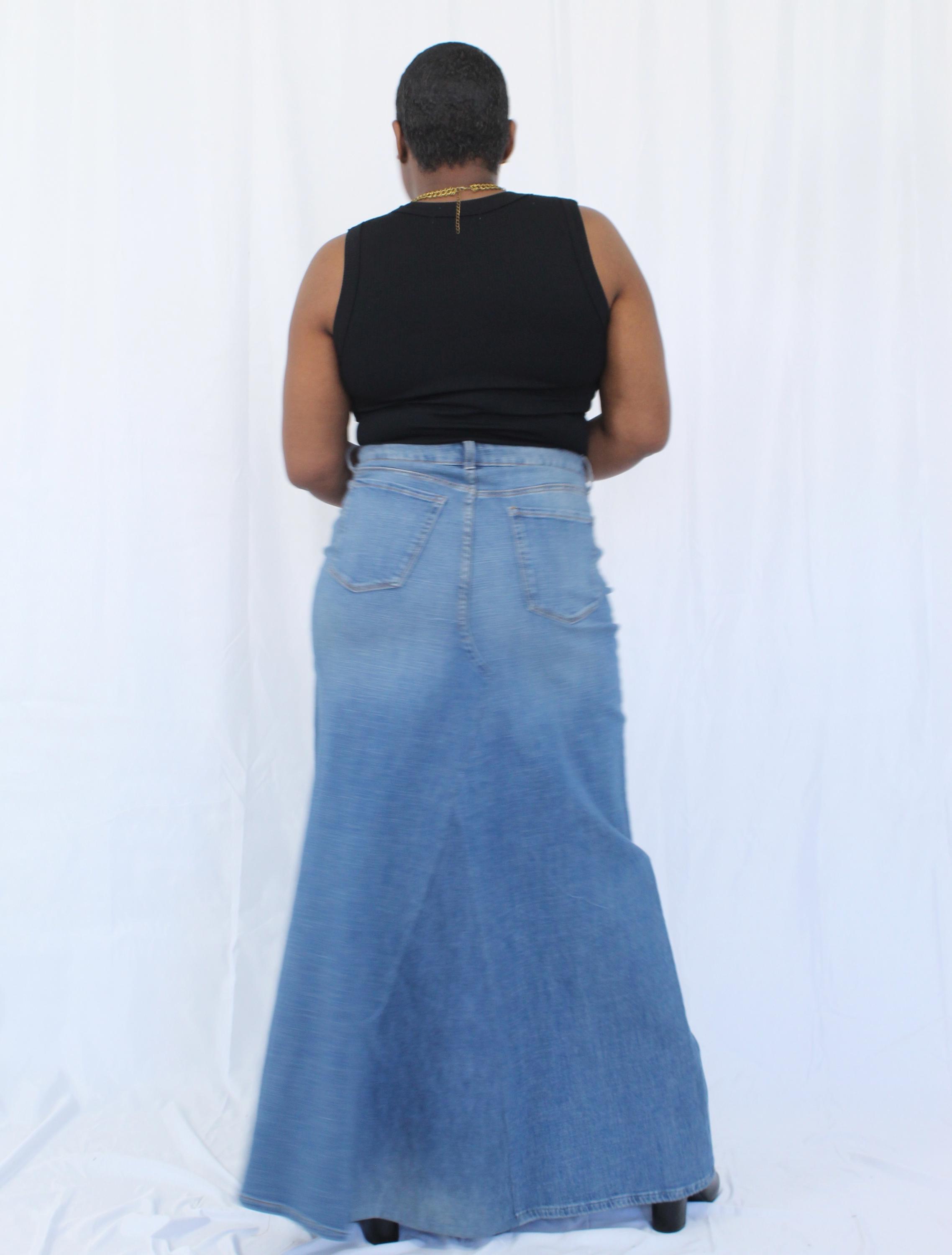 Handmade A-line Denim Maxi Skirt, Light Blue Patchwork Jean 