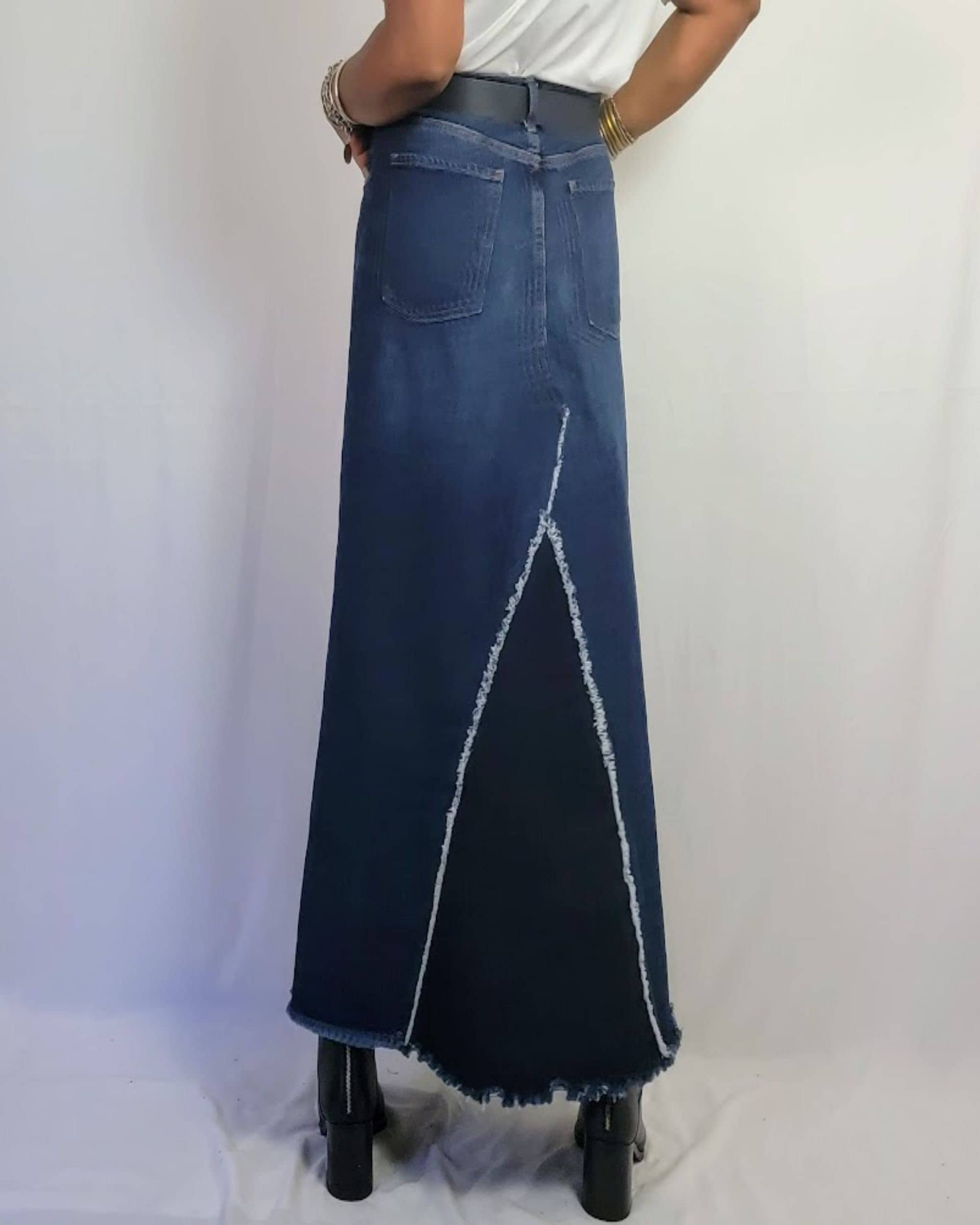 Trendy Distressed Denim Skirt with Contrast Patches and Frayed Hem for Edgy Style