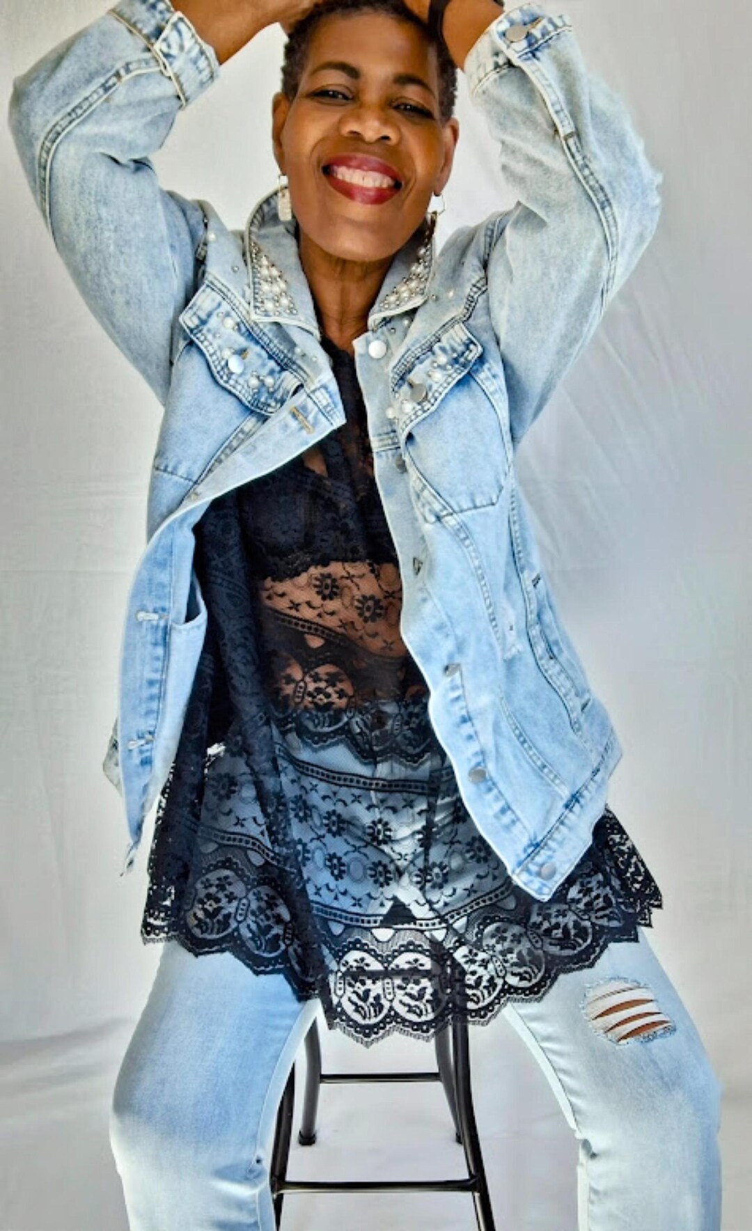 Faux Pearl & Rhinestone Oversize Embellished Denim Jacket