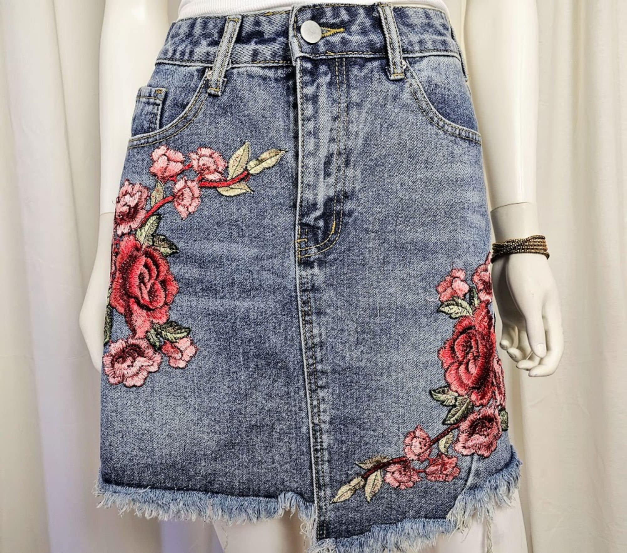 Rose Embroidery Applique Denim Mini Skirt, Asymmetrical Frayed Hem