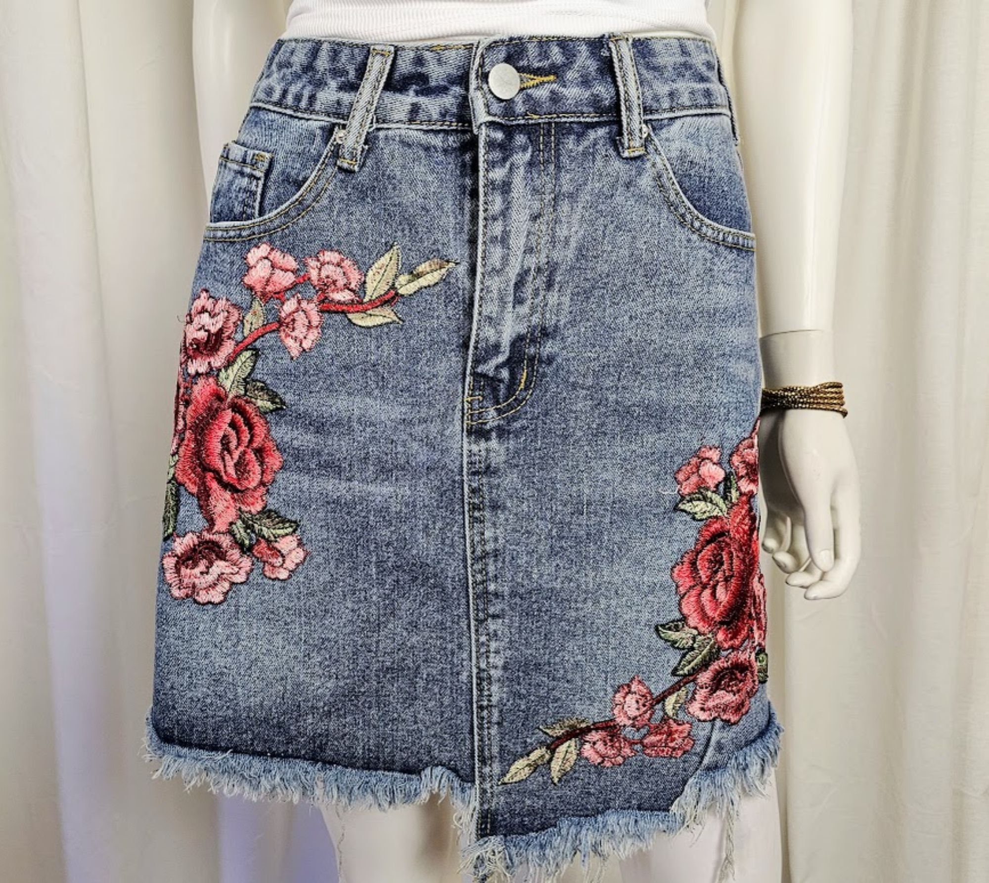 Rose Embroidery Applique Denim Mini Skirt, Asymmetrical Frayed Hem