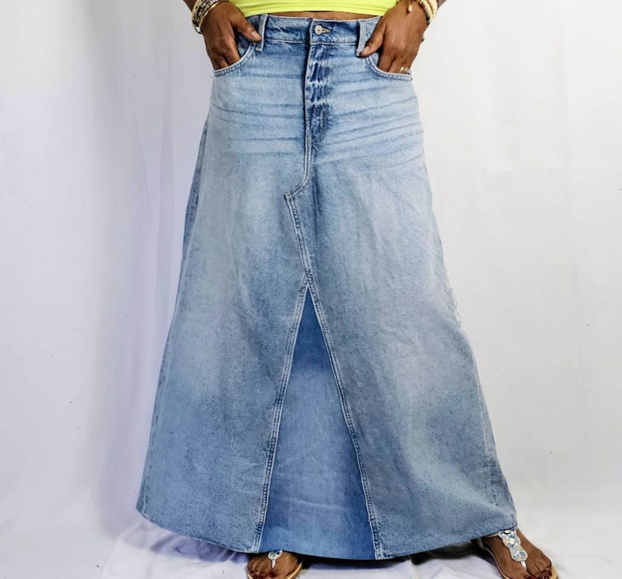 Women's Two Toned Vintage Wash A-line Patchwork Denim Maxi