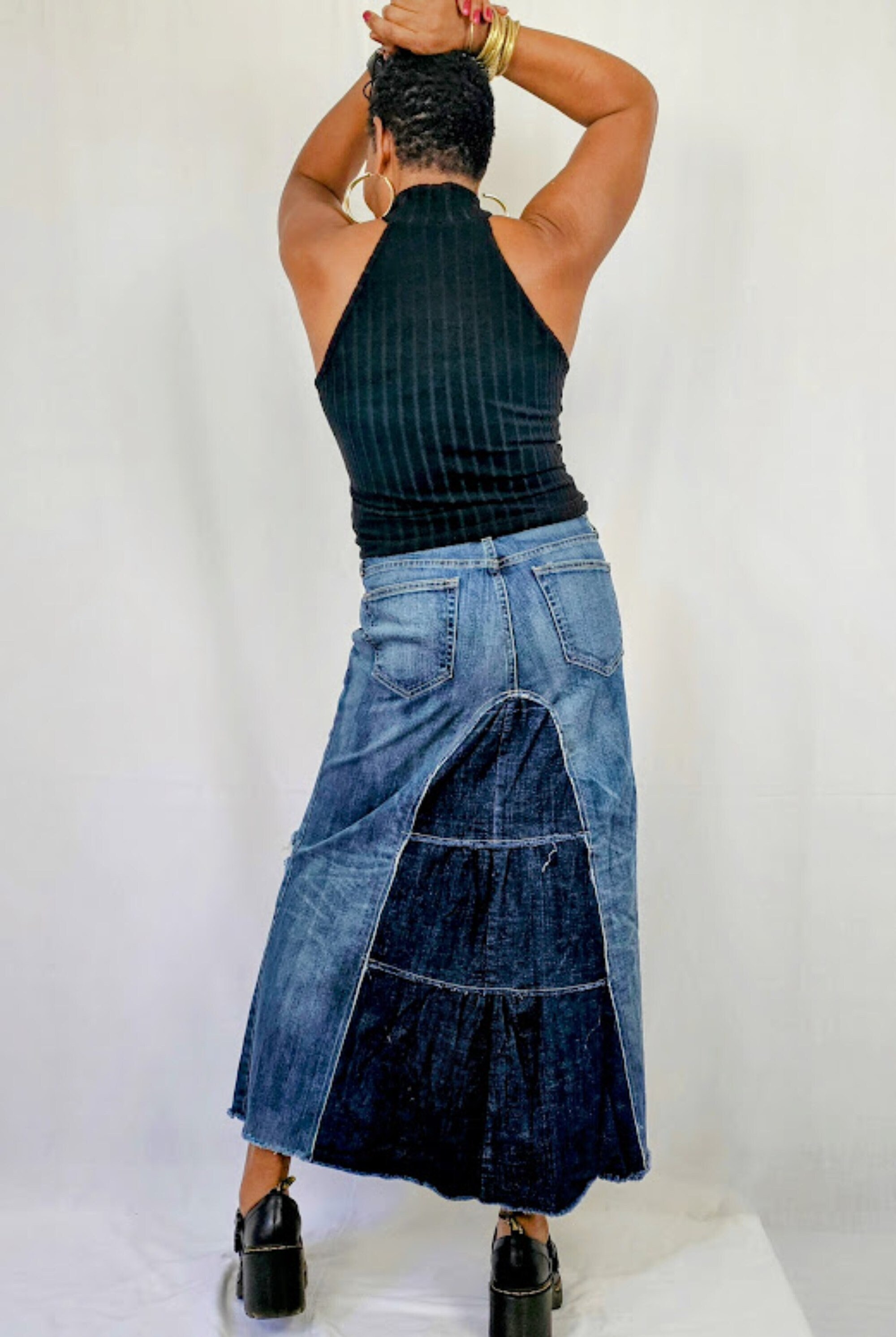 GGUHHU Women's Ripped Denim A-Line Skirt - Stretched Waist With Lace Patches, Light Blue, Medium