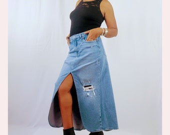 Women's Front Slit Ripped Denim Maxi Skirt Frayed High Waist