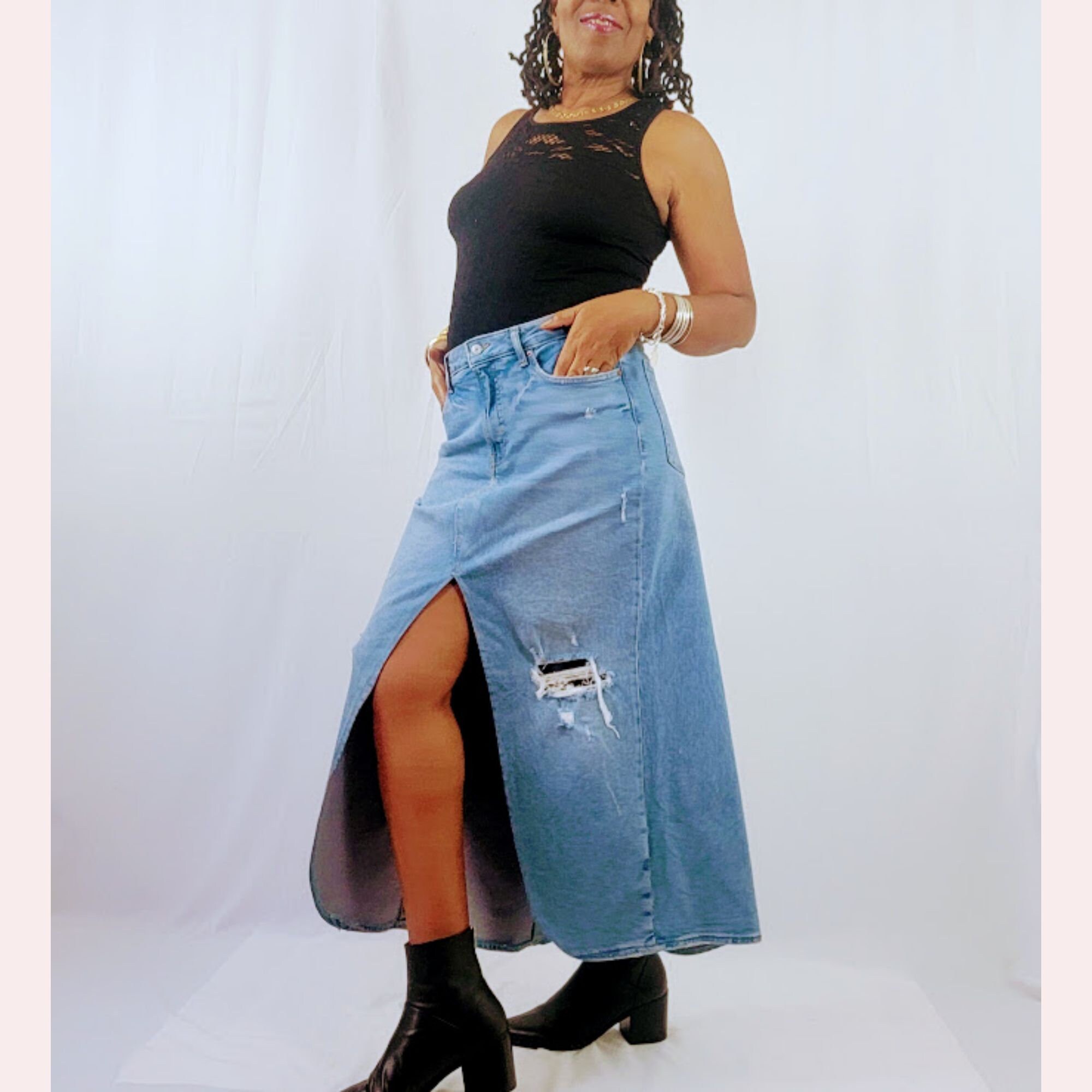 Women's Front Slit Ripped Denim Maxi Skirt Frayed High Waist