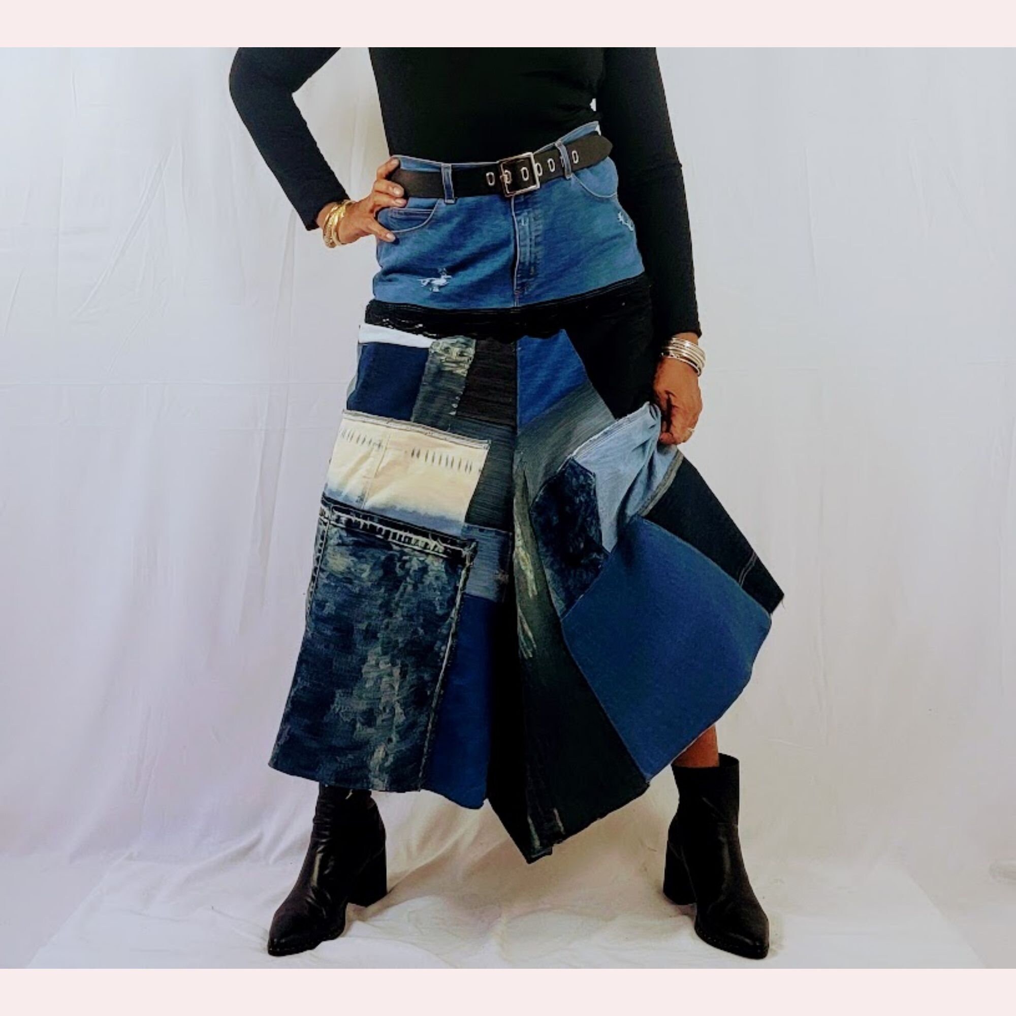 Asymmetrical Denim Skirt, Redesigned Patchwork Distressed