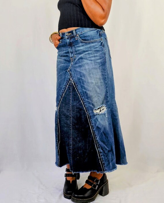 Distressed Patchwork Aline Denim Midi Skirt With Ruffle Back