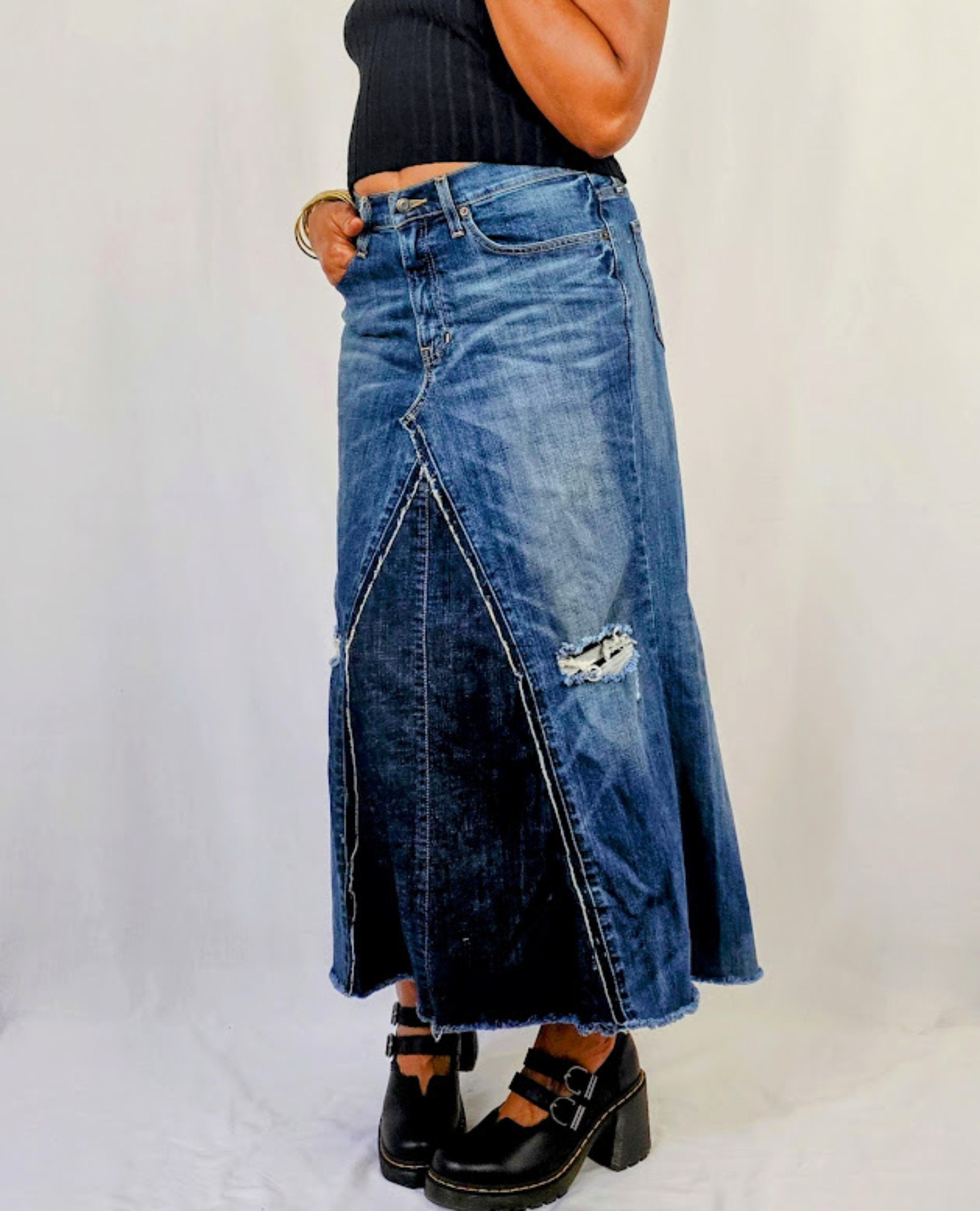 【BAON】Hoyu frill color matching banding denim long skirt BAON】Hoyu frill color matching banding denim long skirt