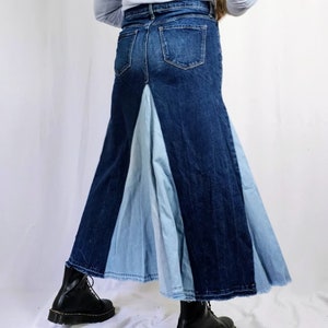 Contrast Patchwork Denim Skirt Flared High Waist Denim Stretch Cotton Denim Swing Maxi Skirt Hand Pieced Customized Women's Skirts Size 2-24 image 10