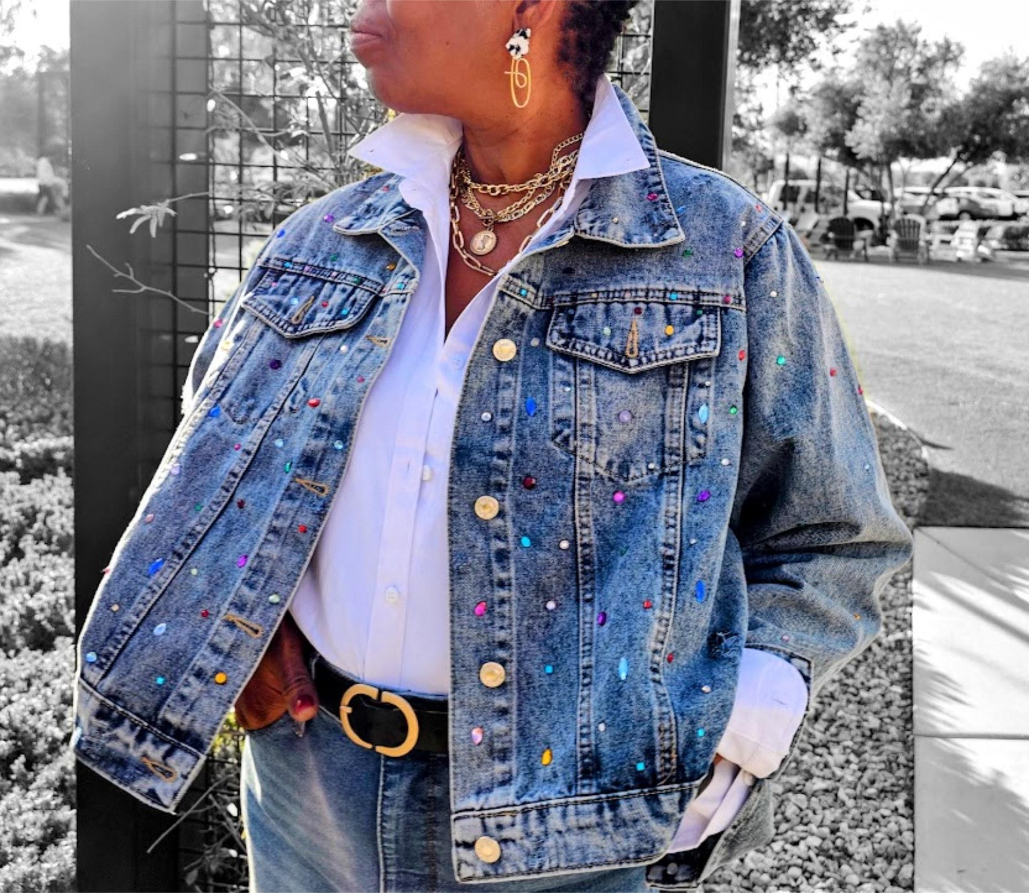 Plus Size Rhinestone Embellished Denim Jacket, Cropped Oversize