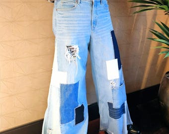 Upcycled Patchwork Wide Leg Jeans, Frayed Boho Denim