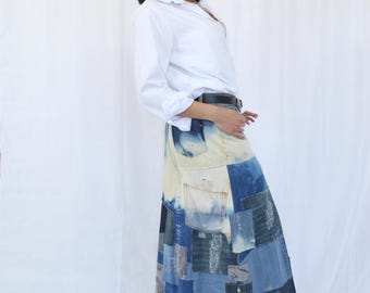 Denim maxirok met patchwork, met de hand gemaakte herontworpen patchwork jeanrok, versleten gerafelde spijkerrok, maat 10