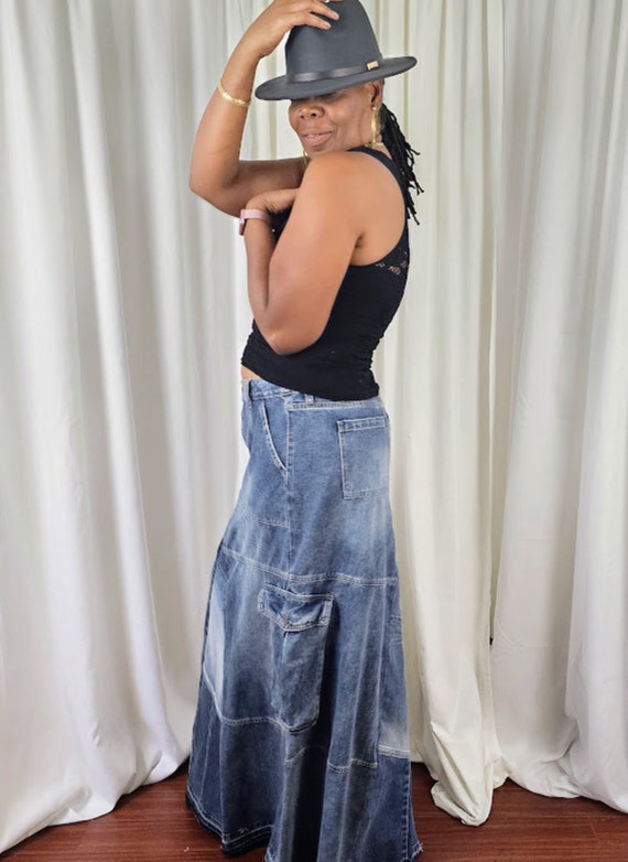A-line Cargo Denim Skirt, Customized Hand Pieced Patchwork