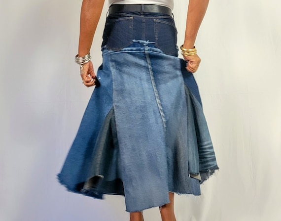 Asymmetrical Hem Frayed Patchwork Denim Skirt, Upcycled
