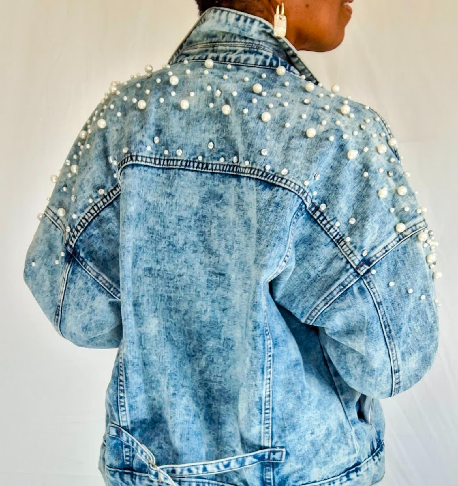Full Size Pearl Detail Button Up Long Sleeve Denim Jacket Plus Size