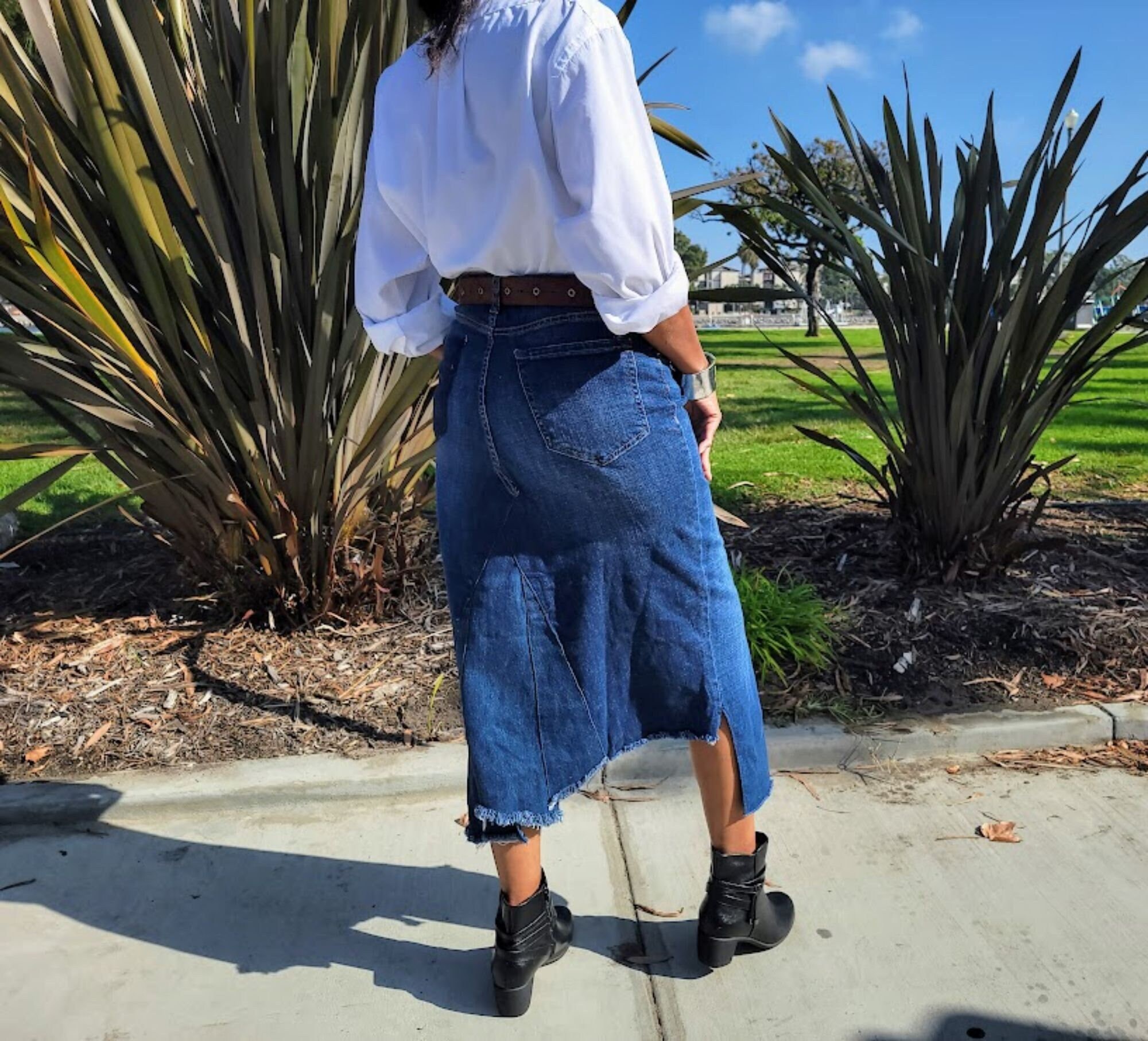 High Waist Denim Midi Skirt Reconstructed Hippie Boho Dark