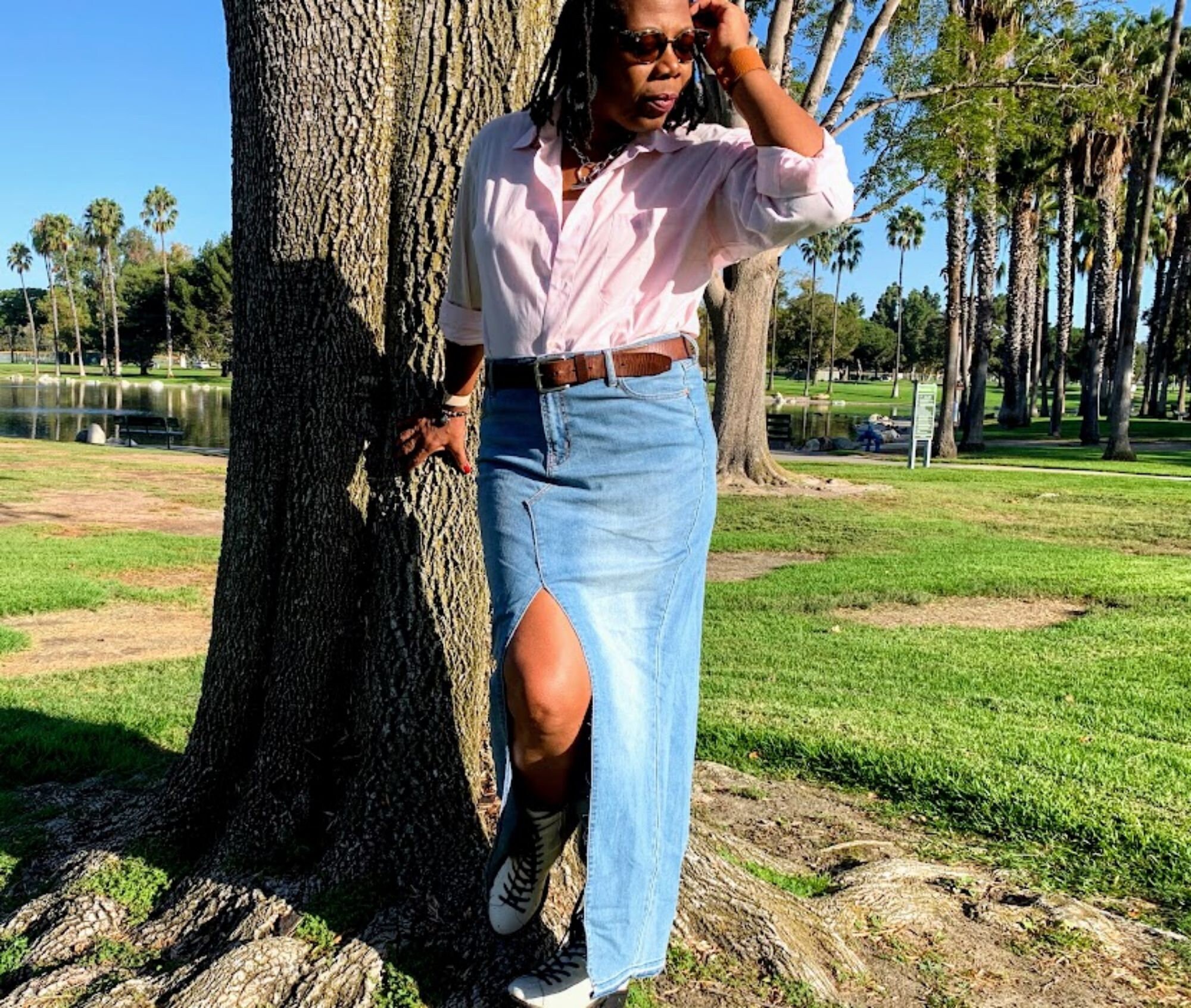 Front Slit Denim Long Skirt, Patchwork Casual Maxi Skirt