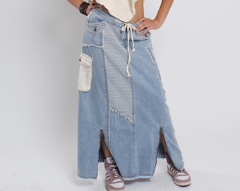 Falda larga vaquera estilo boho con patchwork - Moda urbana de moda para mujer, tallas S-L