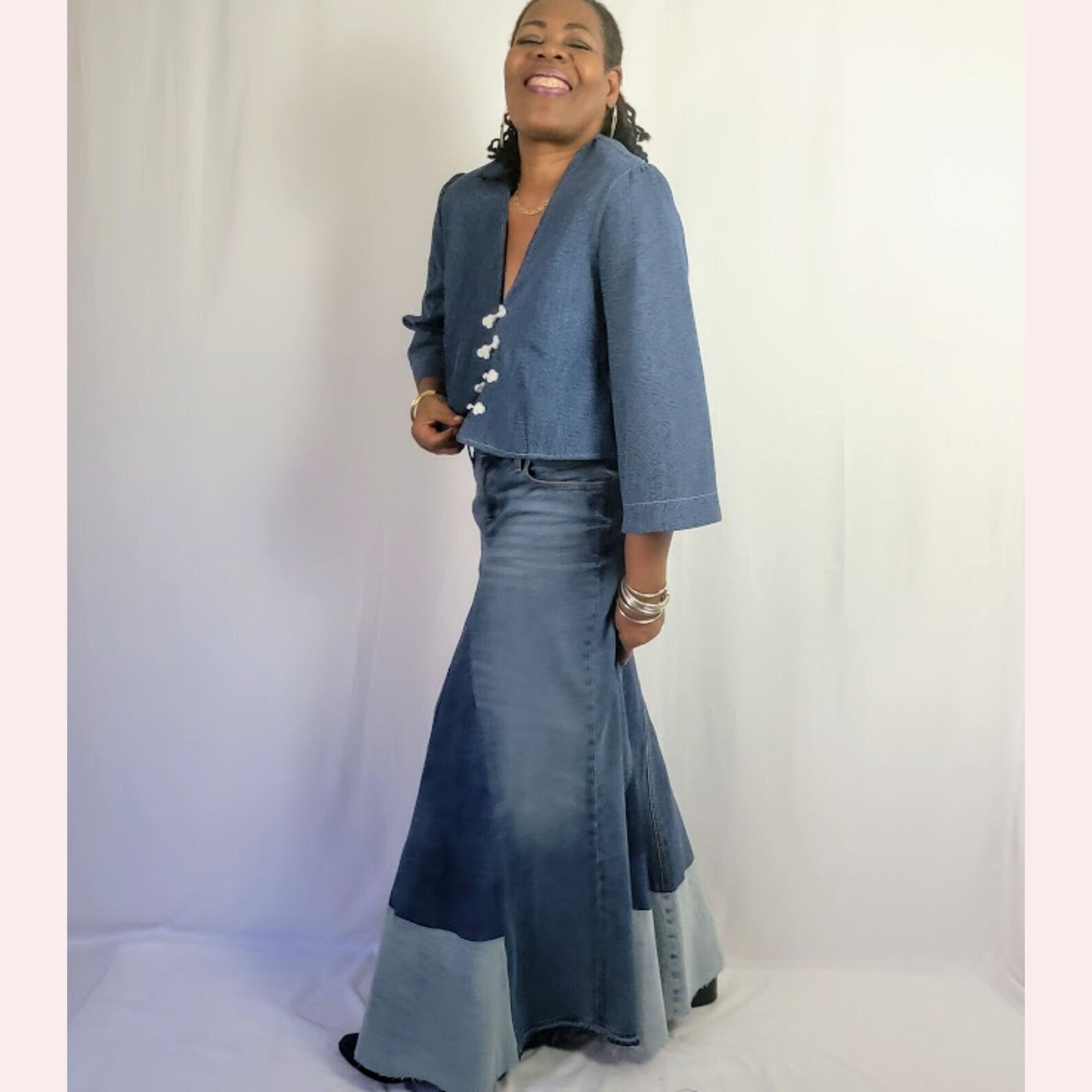 Denim Patchwork Fringe Maxi Skirt