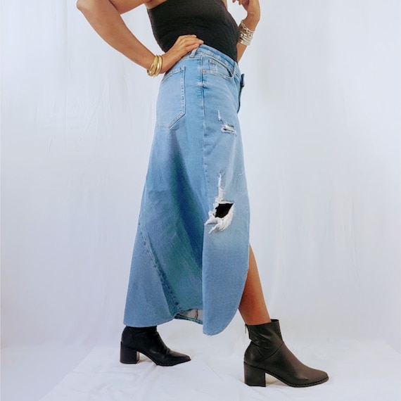 Women's Front Slit Ripped Denim Maxi Skirt Frayed High Waist Distressed  Jean Skirt, Plus Size Long Jean Skirt, Sizes 24